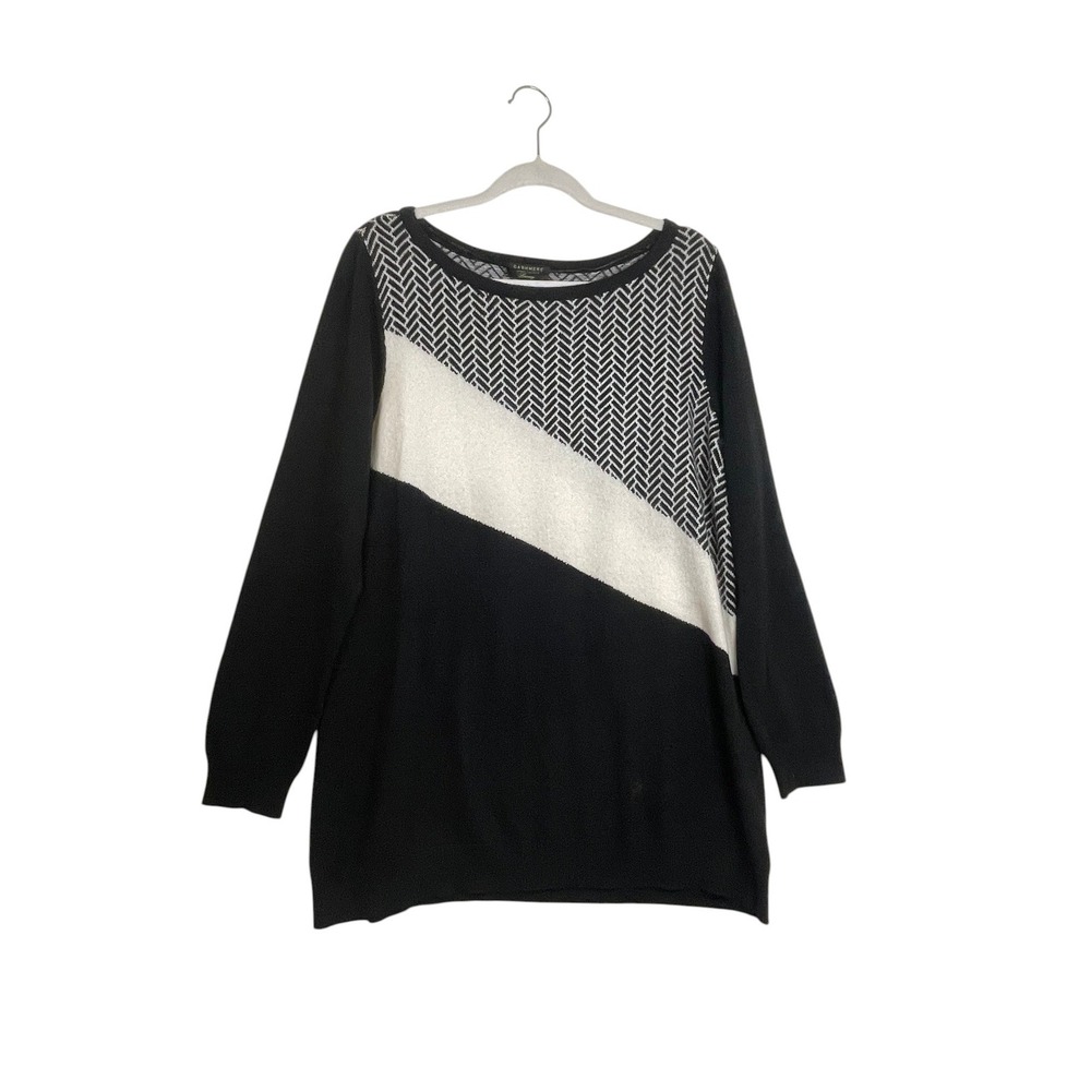 Charter Club Cashmere Sweater XL Herringbone Black White Tunic Sweater Boat Neck
